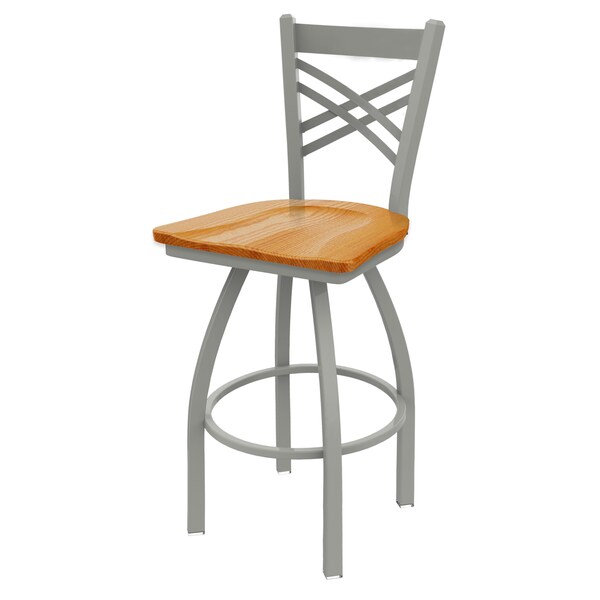 25" Swivel Counter Stool, Nickel Finish, Med Oak Seat
